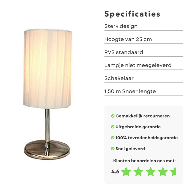 Cheqo® Luxe Tafellamp - Bedlamp - Lamp - Sfeerverlichting - Ronde Kap - ø10cm - 25cm Hoog - Adapter - Witte Kap Tafellamp