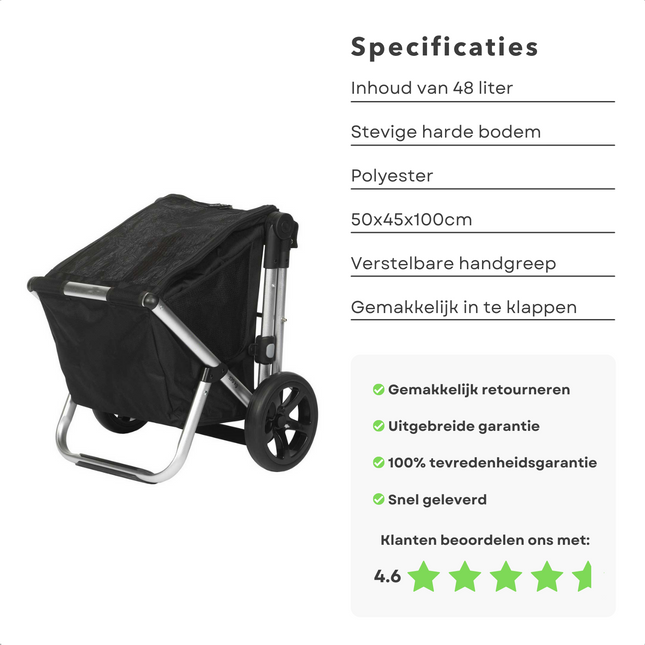 Cheqo® Boodschappentrolley met Wielen - Boodschappenkar - Trolley - Uitneembare Tas - Afneembare Boodschappentas - 48 Liter - 50x45x100cm - Zwart Boodschappentrolleys