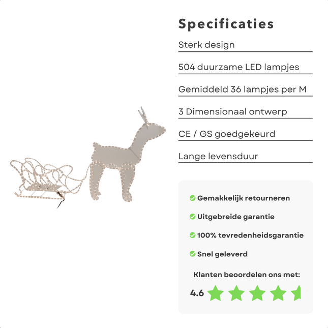 Cheqo® Lichtslang Rendier met Slee - Kerstfiguur - Voor Binnen en Buiten - Kerstdecoratie - Kerstverlichting - 504 LED Verlichte Kerstfiguren