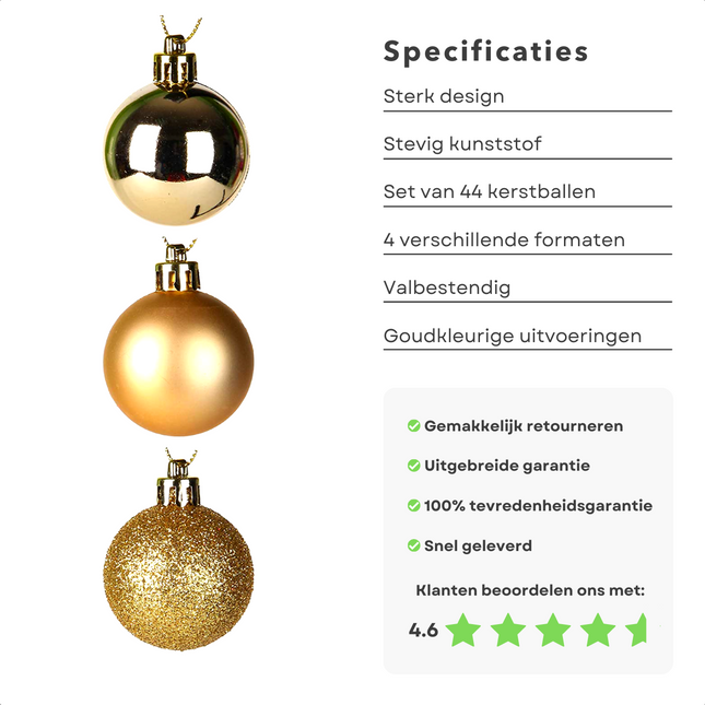 Cheqo® XL Kerstballen Set - Gouden Kerstballenset - 44 Stuks - Onbreekbaar Plastic - Goud Kerstballen