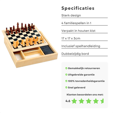 Cheqo® 4-in-1 Spellendoos - Spellenset - Bordspellen - Bordspel Set - Backgammon - Mikado - Domino - Schaken - Hout - 17x17x3cm Bordspellen