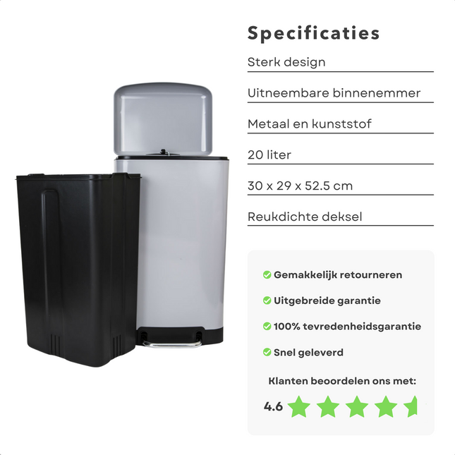 Cheqo® Prullenbak - Pedaalemmer - Afvalbak - Afvalemmer - 20 Liter - Metaal - Chroom - 30x29x52.5cm Pedaalemmer