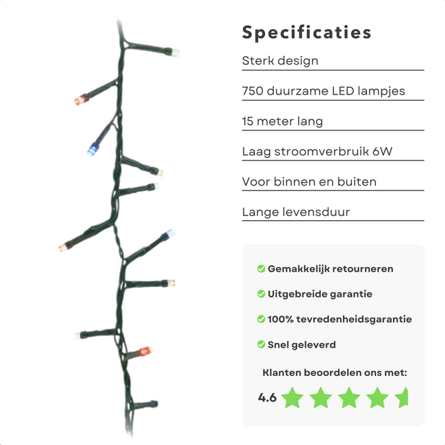 Cheqo® Kerstboomverlichting - Micro Clusterverlichting - Kerstlampjes - Led Verlichting - Kerstverlichting voor Binnen en Buiten - Met Haspel - 750 LED - 15 Meter - Met Timer - Multicolor Clusterverlichting