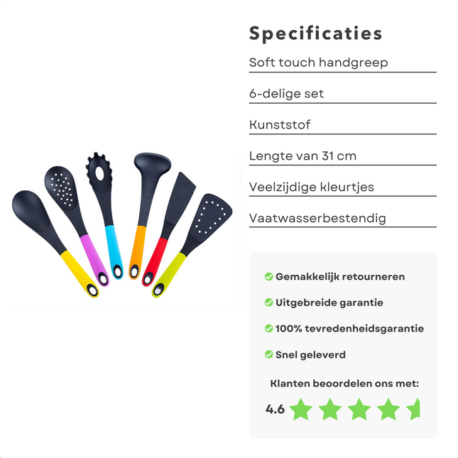 Cheqo® Soft Touch Keukengerei - Kookgerei - Spatelset - Keukenspatels - Pastalepel - Schuimspaan - Pollepel - Bakspaan - Opscheplepel - Spatel - 31cm - 6 Delig Keukengerei Set
