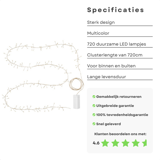 Cheqo® Kerstboomverlichting - Zilverdraad Clusterverlichting - Kerstlampjes - Led Verlichting - Kerstverlichting voor Binnen en Buiten - 720 LED - 7 Meter - Multicolor Clusterverlichting