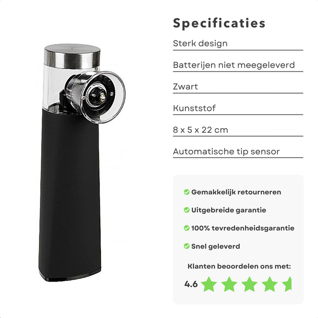 Cheqo® Elektrische Peper & Zoutmolen - Peper en Zoutmolen - Elektrisch - Zout Pepermolen op Batterijen - Kruidenmolen - Zwart Peper- & Zoutstellen