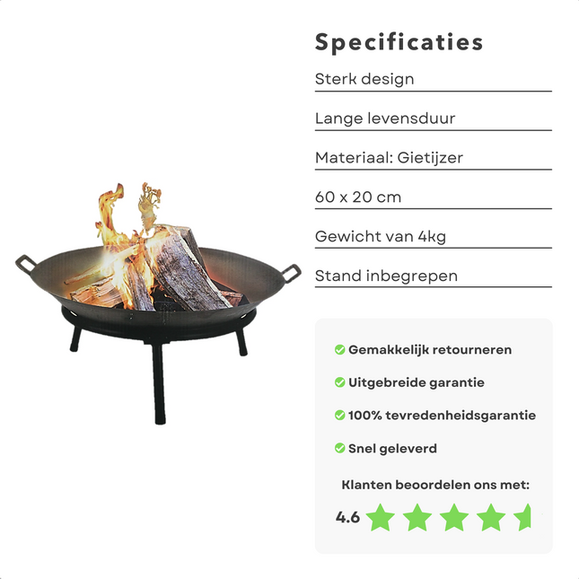 Cheqo® Luxe Vuurschaal - Vuurkorf - Terrashaard - Terrasverwarmer - Sfeerhaard - Gietijzer - Voor Hout of Houtskool - Ø 60 cm Vuurschaal