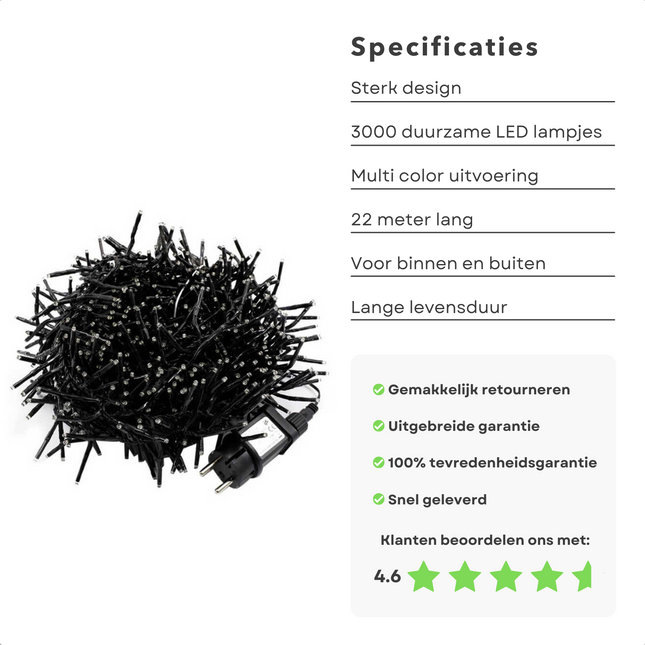 Cheqo® XL Kerstboomverlichting - Clusterverlichting - Kerstlampjes - Led Verlichting - Kerstverlichting - 3000 LED - 22 meter - Binnen en Buiten - Multicolor Clusterverlichting