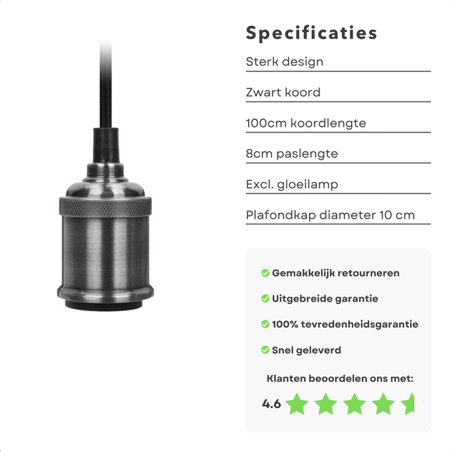Cheqo® Industriële Hanglamp - Industriële Plafondlamp - Snoerpendel - Eetkamerlamp - Lamp - Hanglamp Industrieel - Zilver - ø10cm Plafondkap - 100cm Snoerlengte - E27 Fitting Hanglampen
