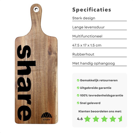Cheqo® Share Snijplank - Tapasplank - Serveerplank - Snijplank - Kaasplank - Borrelplank - Tapas Serveren - Hout - 47x17x1.5cm Serveerplanken