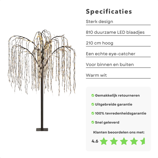 Cheqo® Kerstbloesem Wilgenboom - Lichttakken - Lichtboom - Kerstboom - Kerstdecoratie - 210cm - 810 LED's - Warm Wit - Voor Binnen en Buiten Lichttakken
