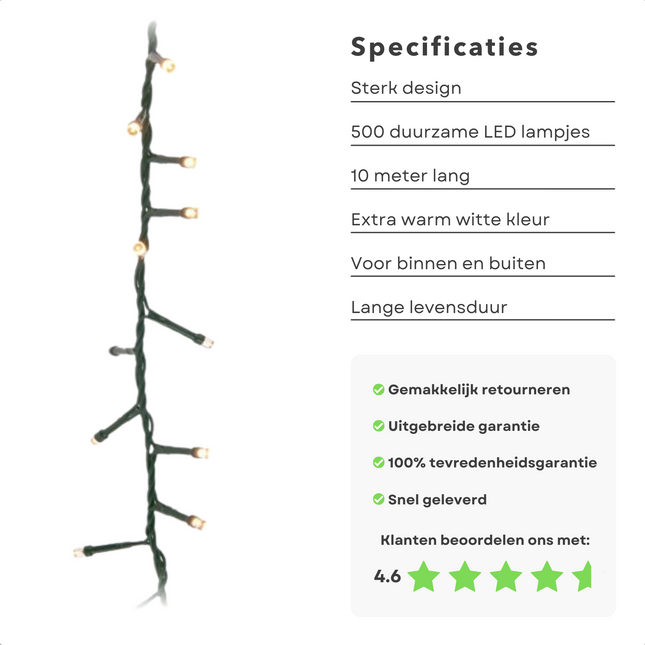 Cheqo® Kerstboomverlichting - Micro Clusterverlichting - Kerstlampjes - Led Verlichting - Kerstverlichting voor Binnen en Buiten - Met Haspel - 500 LED - 10 Meter - Met Timer - Extra Warm Wit Clusterverlichting