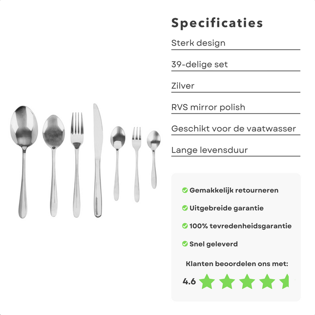 Cheqo® Luxe RVS Bestekset - Zilverkleurig - 39 Delig - Bestek - Lepels - Messen - Vorken - Voor 6 Personen Bestekset