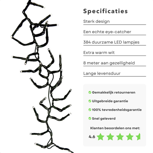 Cheqo® Kerstboomverlichting - Clusterverlichting - Kerstlampjes - Led Verlichting - Kerstverlichting voor Binnen en Buiten - 384 LED - 2.8 Meter - Extra Warm Wit Clusterverlichting