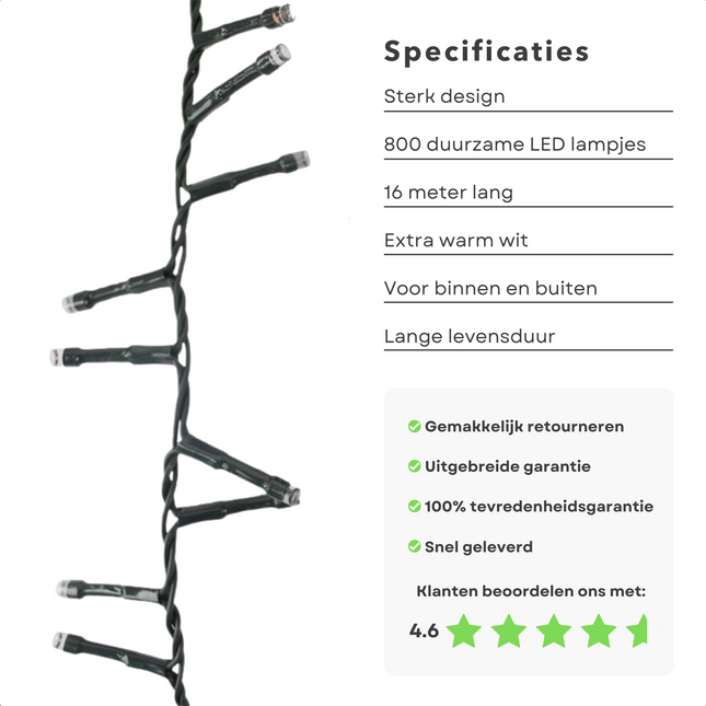 Cheqo® Kerstboomverlichting - Micro Clusterverlichting - Kerstlampjes - Led Verlichting - Kerstverlichting voor Binnen en Buiten - 800 LED - 16 Meter - 8 Lichtfuncties + Geheugen - Extra Warm Wit Clusterverlichting