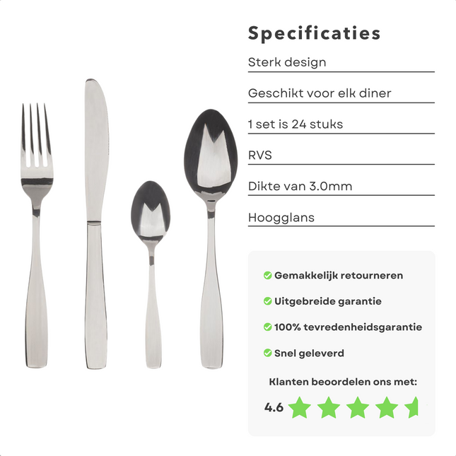 Cheqo® Luxe RVS Bestekset - Zilver Bestek - Zware Kwaliteit - 24 Delig - 6 Personen - Glans Zilverkleurig Bestekset