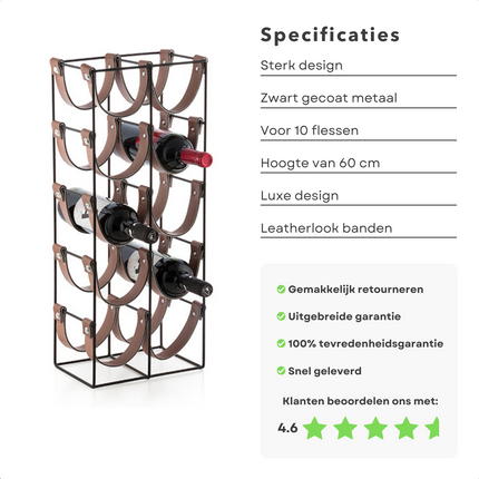 Cheqo® Wijnrek - Wijnfleshouder - Flessenrek - Flessenhouder voor 10 Flessen - Metaal - 60cm wijnrek
