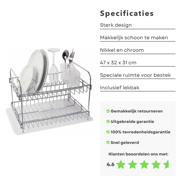 Cheqo® Afdruiprek met Lekbak - Inclusief Bestekbak - 2 Laags - Afwas - Afdruip Rek - 47x32x31cm Afdruiprek