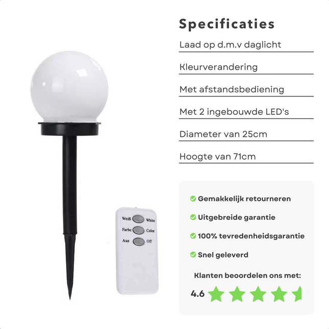 Cheqo® XL Solar Tuinverlichting met Afstandsbediening - Lichtbol - Tuinlamp op Zonneenergie - Padverlichting Zonne-Energie - RVS - Grondpin - Tuin Verlichting - Buitenverlichting - ø25cm - 71cm Hoog - Multicolor - 1 Stuk Grondspot