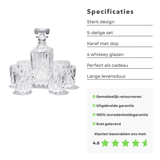 Cheqo® Luxe Whiskeyset met Whiskey Glazen en Whiskey Karaf - 4 Whiskeyglazen - Whisky Whiskeyset