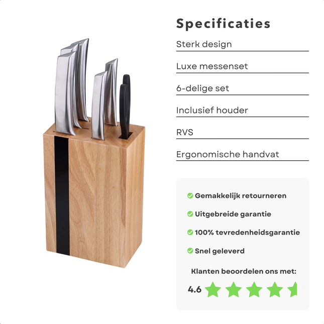 Cheqo® PRO Messenset met Messenblok - Koksmes - Broodmes - Vleesmes - Universeel Mes - Schilmes - Keukenschaar - RVS - Vaatwasserbestendig - Keukenmessen - Koksmessen - 7 Delig Messensets