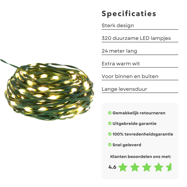 Cheqo® XL Draadverlichting - Kerstverlichting - Kerstlampjes - Kerstboomverlichting -  Lampjes Slinger - Lichtsnoer - LED Lampjes voor Binnen en Buiten - 320LED - 24 Meter - Extra Warm Wit Lichtsnoer