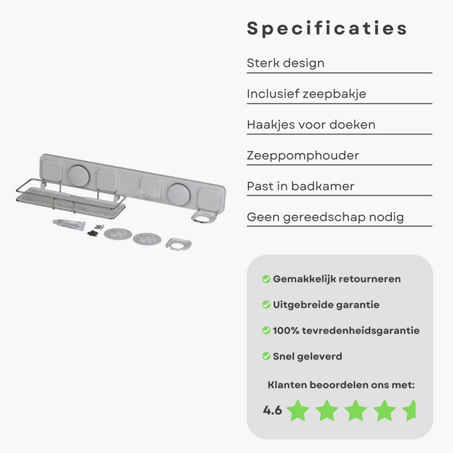 Cheqo® Wandorganizer met Zuignappen - Voor Badkamer en Keuken - Handdoekhouder - Zeephouder - Doucherek Doucherek