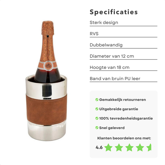 Cheqo® Luxe Wijnkoeler - Wijnemmer - Fleskoeler - Fleshouder  - Dubbelwandig - RVS - Ø12 cm Wijnkoeler