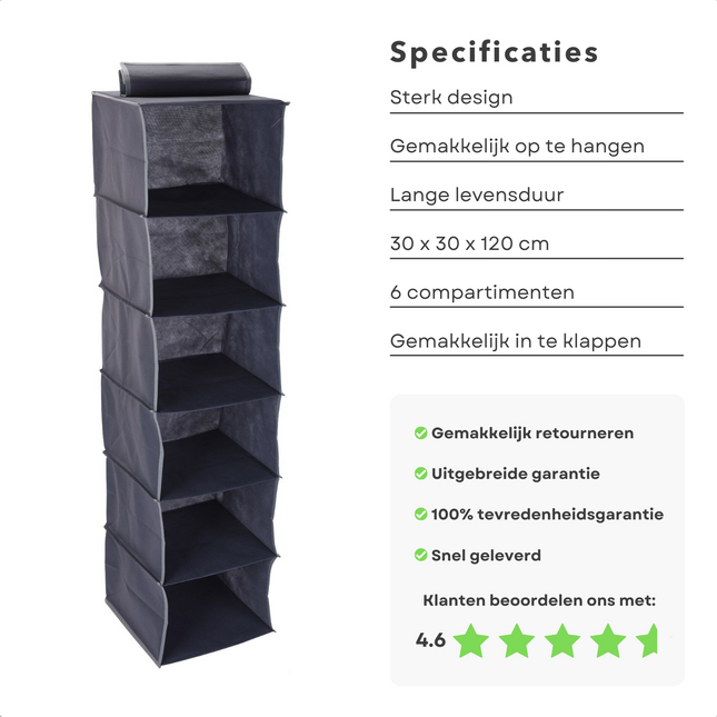 Cheqo® Kledingkast Organiser - Hangend Opbergysteem - Hangende Kledingkast - Schoenenzak - Organizer - Schoenenkast Hangend - Opberger - Hang Organizer - 30x30x120cm - 6 Compartimenten Schoenopbergers