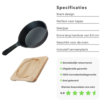 Cheqo® Gietijzeren Steelpan - Tapaspan - Ovenschotel - Voor in de Oven - Met Serveerplank - ø12.5cm Steelpan