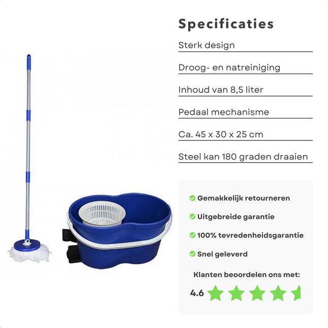 Cheqo® PRO Dweilsysteem Mop met Zwenkkop en Pedaalemmer - Dweilen - Vloerwisser - Automatisch Uitwringen - 45x30x25cm - 8.5 Liter Dweil