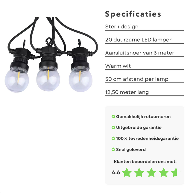 Cheqo® Lichtsnoer - Fairy Lights - Lichtslinger voor Binnen en Buiten - Kerst Verlichting - Tuinverlichting - Feestverlichting - Warm Wit - 20 LED Filament Bolletjes - 12.50 Meter Lichtsnoeren