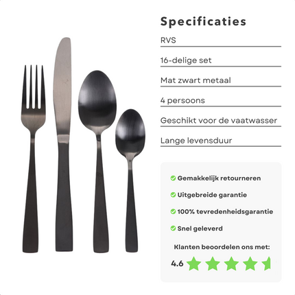 Cheqo® Luxe Mat Zwart Bestekset - Matte Zwart RVS - 16 Delig - Bestek - Lepels - Messen - Vorken - Voor 4 Personen bestekset