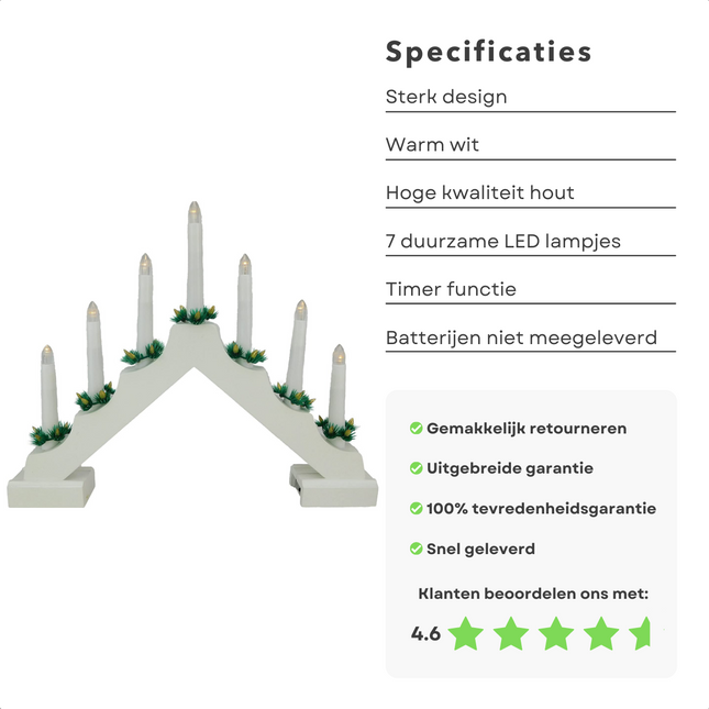 Cheqo® LED Kaarsen - Kandelaar - Kaarsenbrug - Kaarsenstandaard - Hout - 7 Warm Witte LEDs - Met Timer Led-kaarsen
