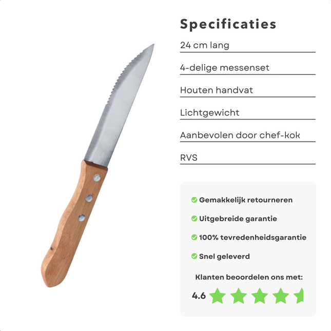 Cheqo® RVS Steakmessen Set - Messenset - Tafelmessen - BBQ Messen - Vleesmessen - Steakmessenset - Vaatwasserbestendig - 4 Stuks - 24 cm Steakmessen