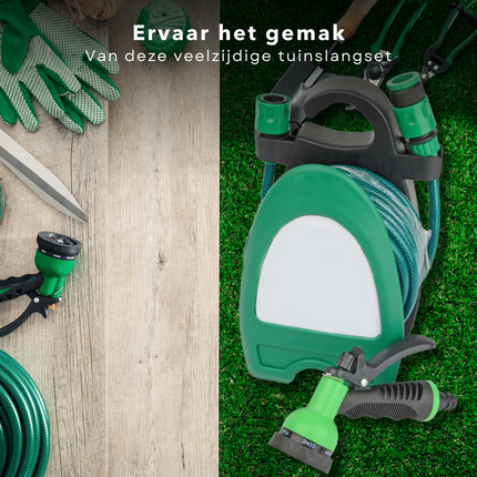 Cheqo® Flexibele Tuinslang Set 10m - PVC - 3/8" Verstelbaar Sproeipistool - 6 standen - 2 snelkoppelingen - Met adapter - Met Wandhouder - Wandhaspel Tuinslang