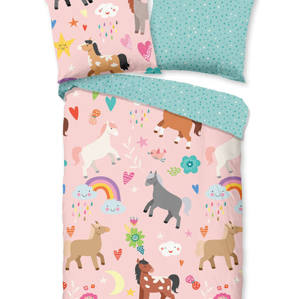 Cheqo® Dekbedovertrek voor Kinderen - 120x150cm - Eenpersoons - Inclusief Kussensloop - 100% Katoen - Paarden met Regenboog Dekbedovertrek