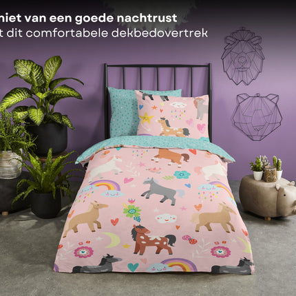 Cheqo® Dekbedovertrek voor Kinderen - 120x150cm - Eenpersoons - Inclusief Kussensloop - 100% Katoen - Paarden met Regenboog Dekbedovertrek