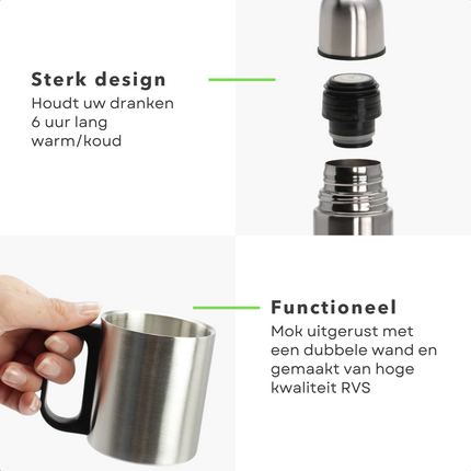Cheqo® Isolatiekan 1L met 2 Bekers - 1000ml - Thermoskan - Isolatiefles - Drinkfles Vacuüm Geïsoleerd - BPA-Vrij Isolatiefles