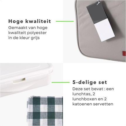Cheqo® Complete Lunchtas - Picknicktas - Picknickset - Picknickmand - Koelbox - Grijs-  2 Lunchboxen - Tray - 2 Katoenen Servetten - Met Draagriem & Handvat Koelbox