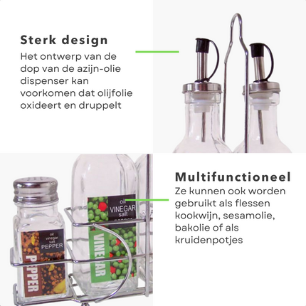 Cheqo® Azijnstel - Peper en Zout Set - Oliefles - Azijnfles - RVS - Met Houder - Kruidenrek Kruidenrek