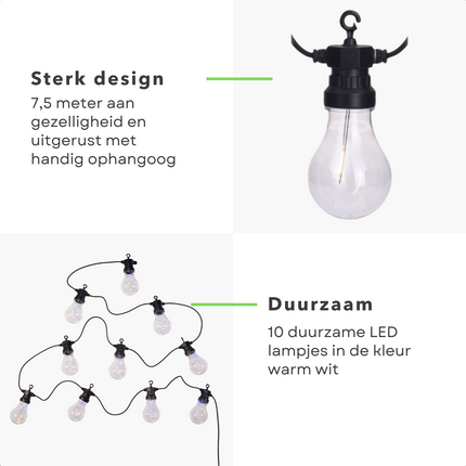 Cheqo® Lichtsnoer - Fairy Lights - Lichtslinger voor Binnen en Buiten - Kerst Verlichting - Tuinverlichting - Feestverlichting - Warm Wit - 10 LED Filament Bolletjes - 7.5 Meter Lichtsnoeren