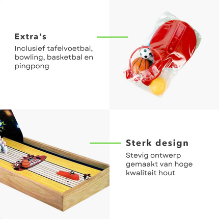 Cheqo® 4-in-1 Tafelspel Set - Bordspellen - Voetbal - Basketbal - Tafeltennis - Bowlen - Pingpong - Educatief Speelgoed Bordspellen