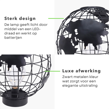 Cheqo® Luxe Wereldbol Tafellamp - Bedlamp - Wereldbol Lamp - Globe Lamp - Sfeerverlichting - ø25cm - 9 Led - Op Batterijen Tafellamp