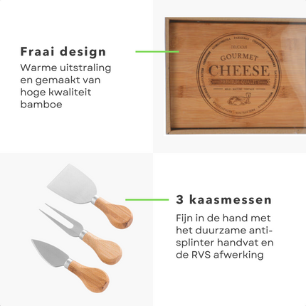 Cheqo® Luxe Kaasplank - Bamboe Hout - Kaasplankje - Serveerplank - Tapasplank - Borrelplank - Inclusief 3 Messen Kaasplank