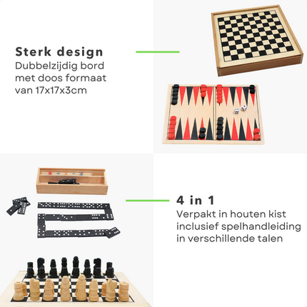Cheqo® 4-in-1 Spellendoos - Spellenset - Bordspellen - Bordspel Set - Backgammon - Mikado - Domino - Schaken - Hout - 17x17x3cm Bordspellen