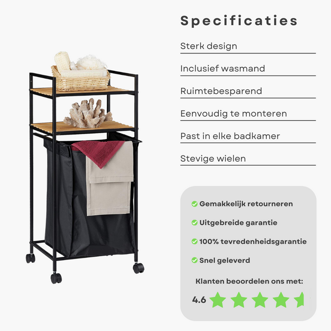Cheqo® Verrijdbare Badkamertrolley - Badkamerkast met Wasmand - Badkamerplank - Badkamerrek met Legplanken Badkamerkast