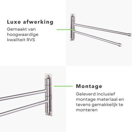 Cheqo® Handdoekhouder -Handdoekstang - Handdoekenrek - RVS - Voor Badkamer of Keukenwand - 2 Stangen Handdoekhouder