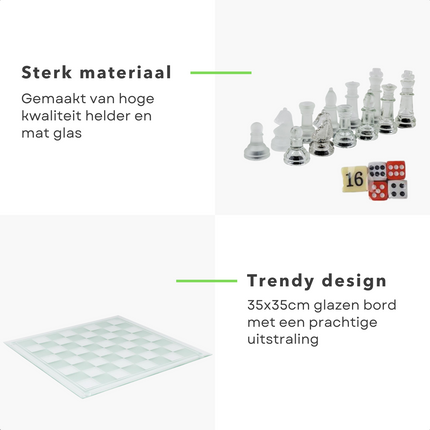 Cheqo® 3-in-1 Glazen Bordspel Set - Schaken - Checkers - Backgommen - Schaken - Met Accessoires - 35x35cm Bordspellen