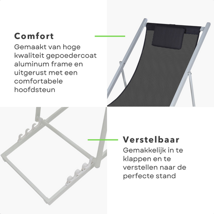 Cheqo® Ligstoel met Kussen - Strandstoel - Tuinstoel - Wit Aluminium Frame - Grijs/Zwart Doek - Inklapbaar - Verstelbaar - 101x61x91cm - Gewicht 3.8kg - Wit Frame Campingstoel